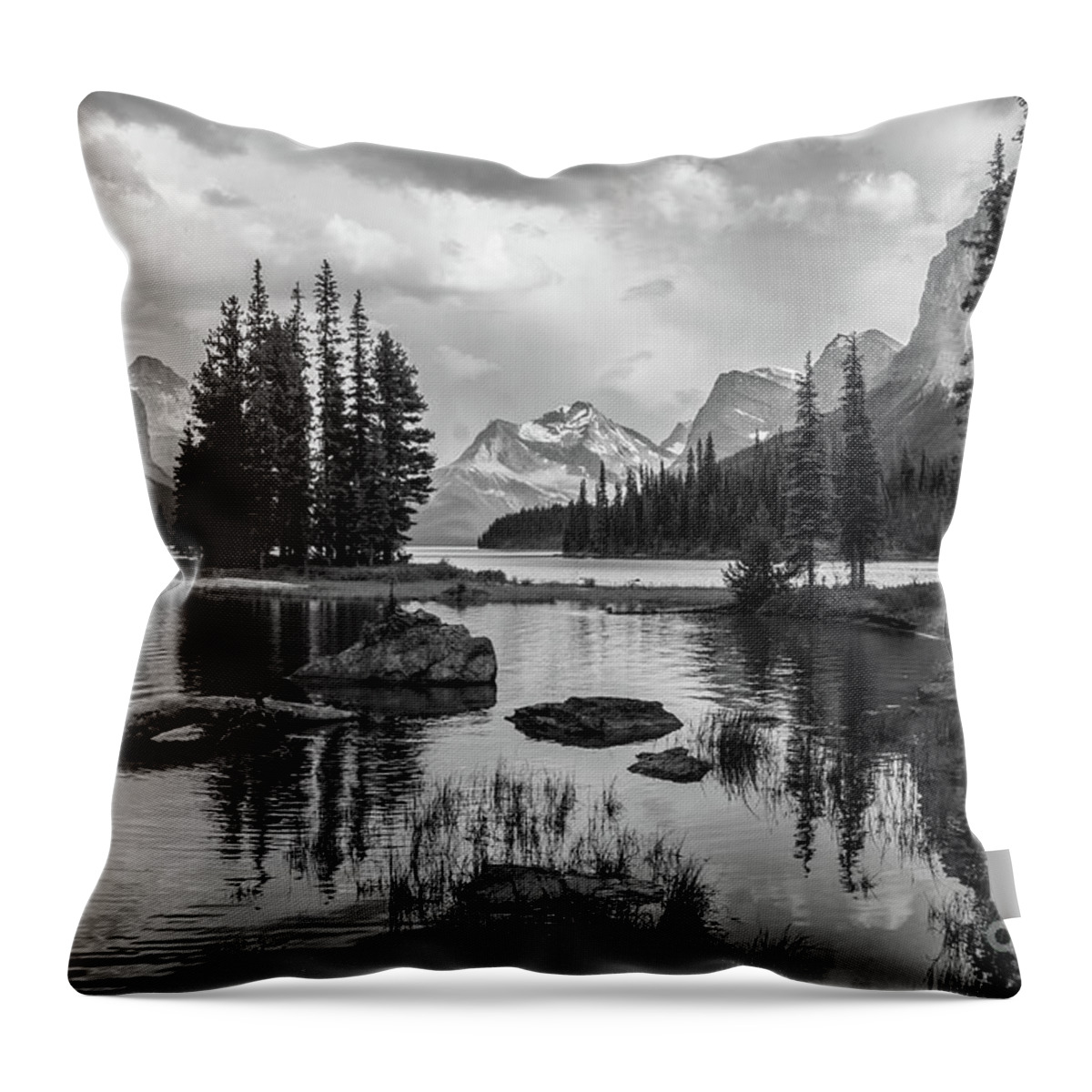 Black And White Throw Pillow featuring the photograph Spirit Island Canada by Chris Scroggins