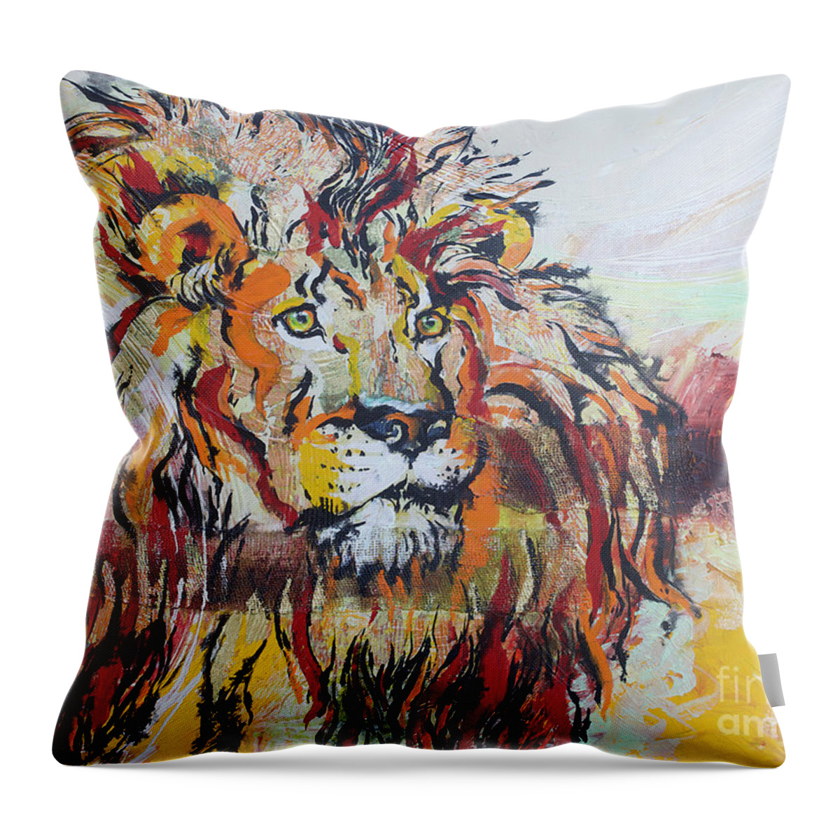 Lion Throw Pillow featuring the painting The King by Jyotika Shroff