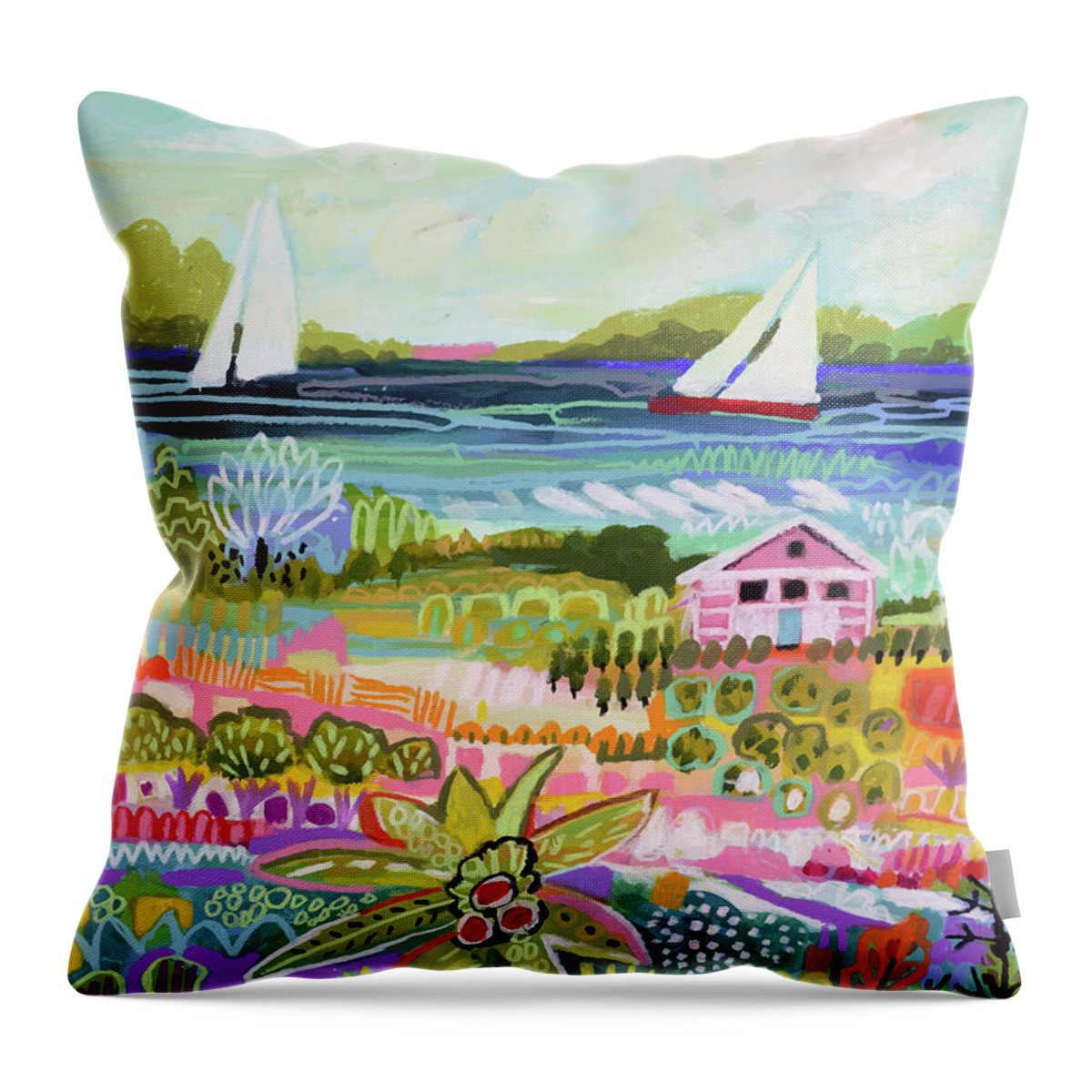 Coastal Throw Pillow featuring the painting Two Sailboats And Cottage I by Karen Fields