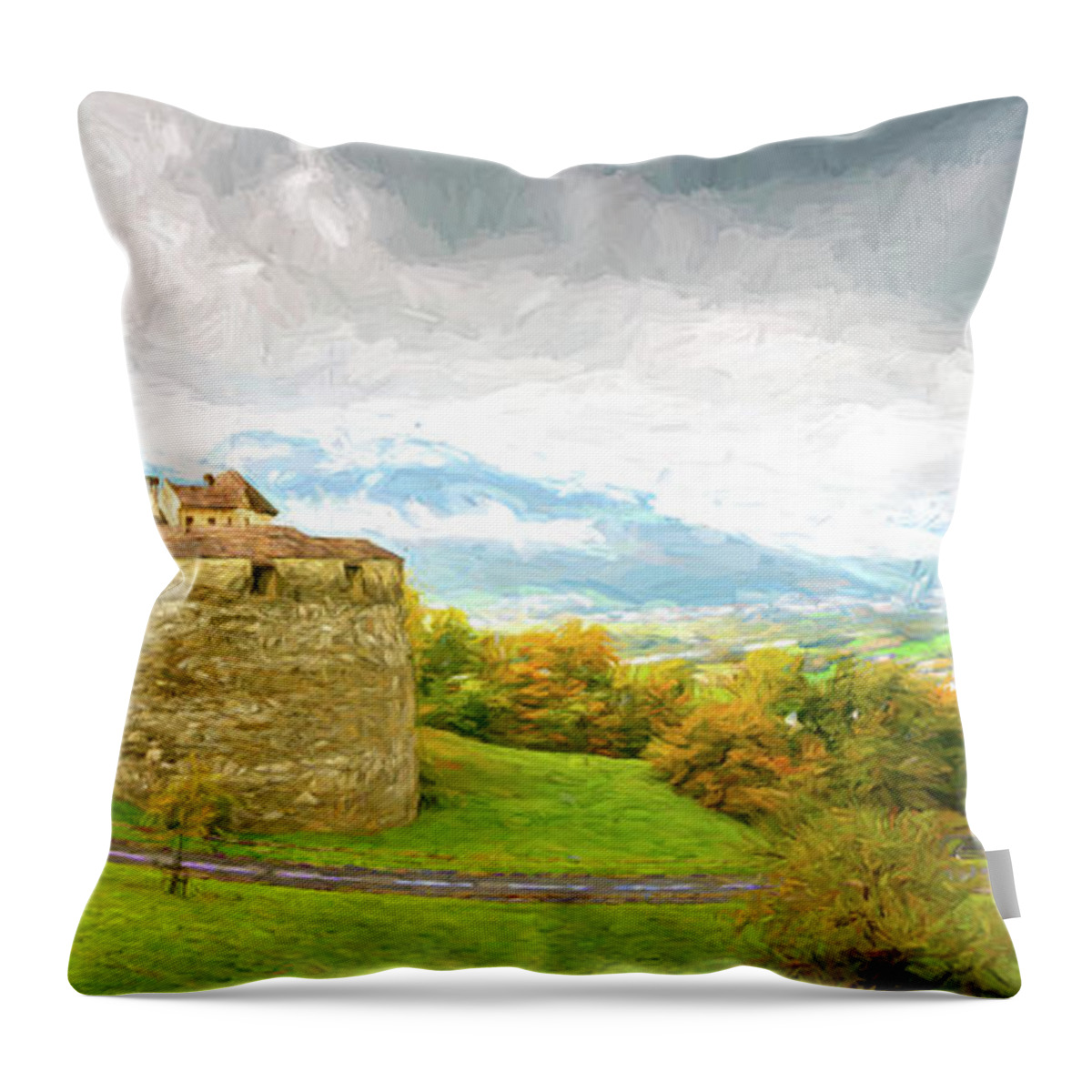 Architecture Throw Pillow featuring the digital art Vaduz Castle, Leichtenstein by Rick Deacon
