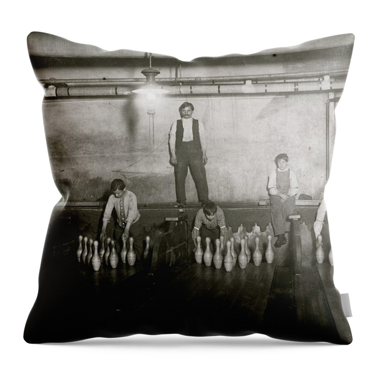 Child Throw Pillow featuring the painting 1:00 A.M. Pin boys working in Subway Bowling Alleys by 