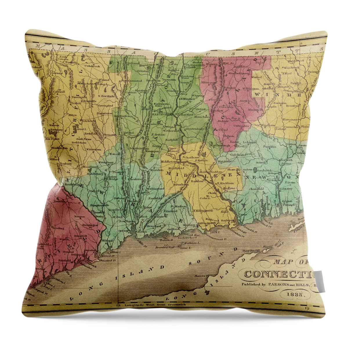 Connecticut Throw Pillow featuring the digital art 1835 Map of Connecticut and Long Island Sound Historical Map by Toby McGuire