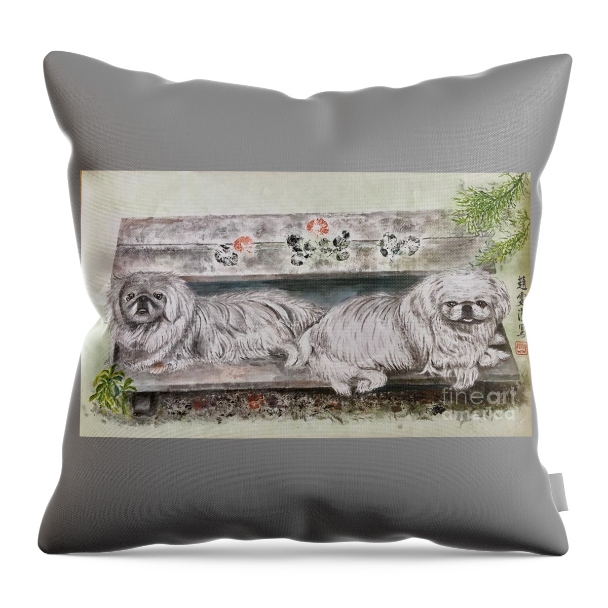 Pekes Dog Throw Pillow featuring the painting Two Pekes Dogs by Carmen Lam