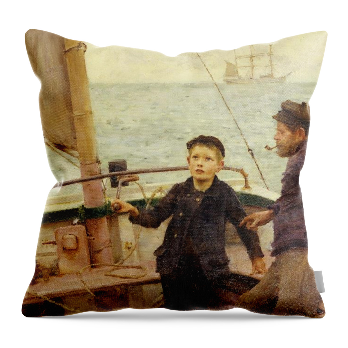 Steering Throw Pillow featuring the painting The Steering Lesson by Henry Scott Tuke