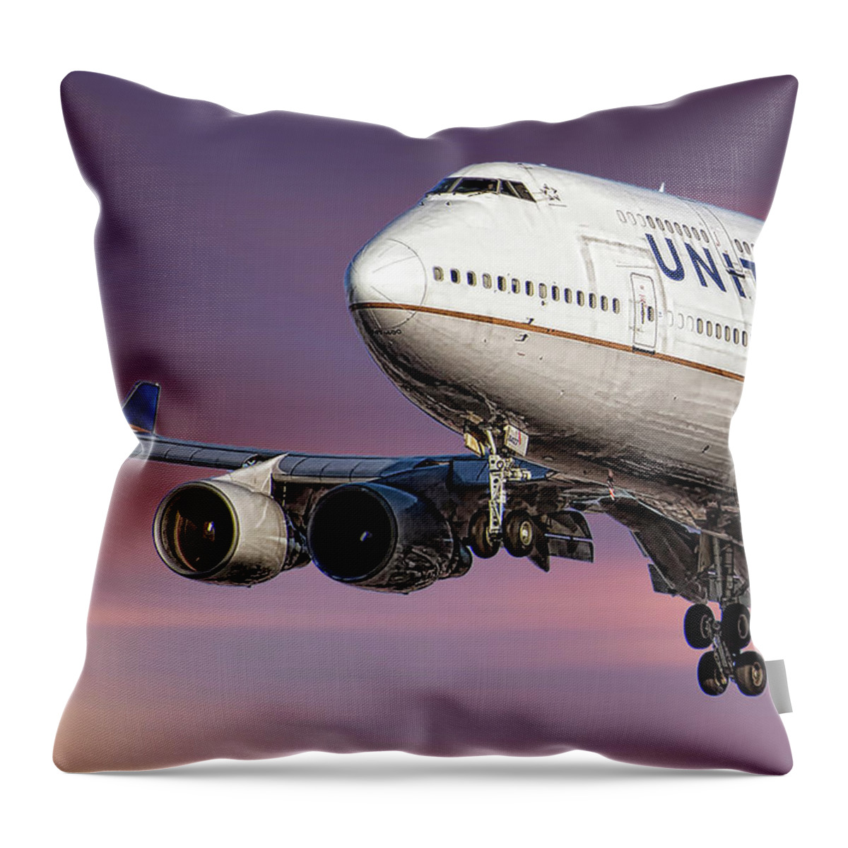 United Airlines Throw Pillow featuring the mixed media United Airlines Boeing 747-422 by Smart Aviation