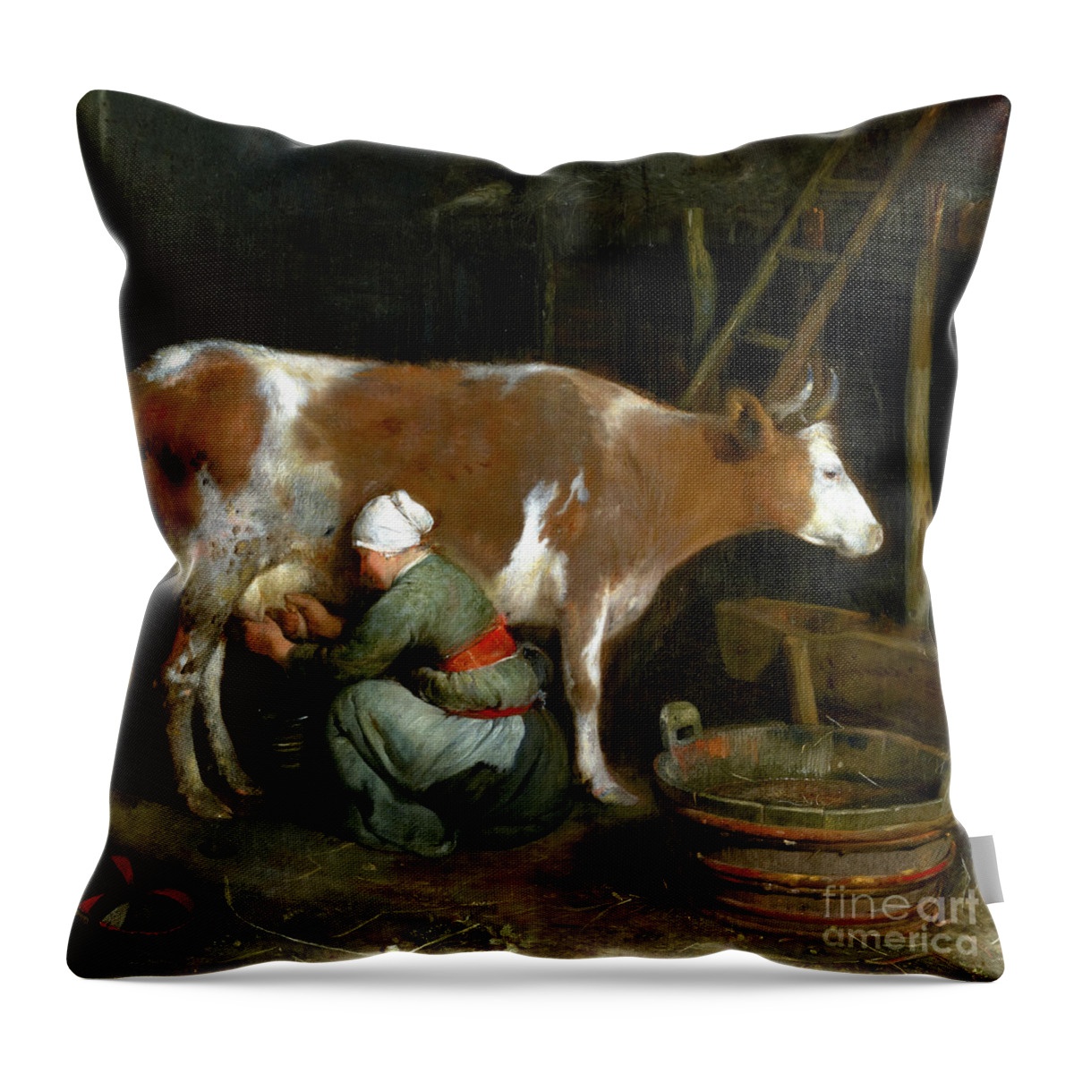 Gerard Ter Borch Throw Pillow featuring the painting A Maid Milking a Cow in a Barn by Audrey Jeanne Roberts
