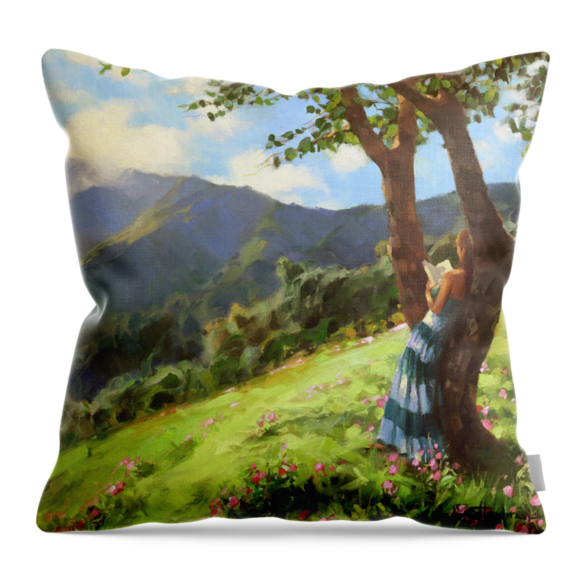 Reading Throw Pillow featuring the painting A Novel Landscape by Steve Henderson