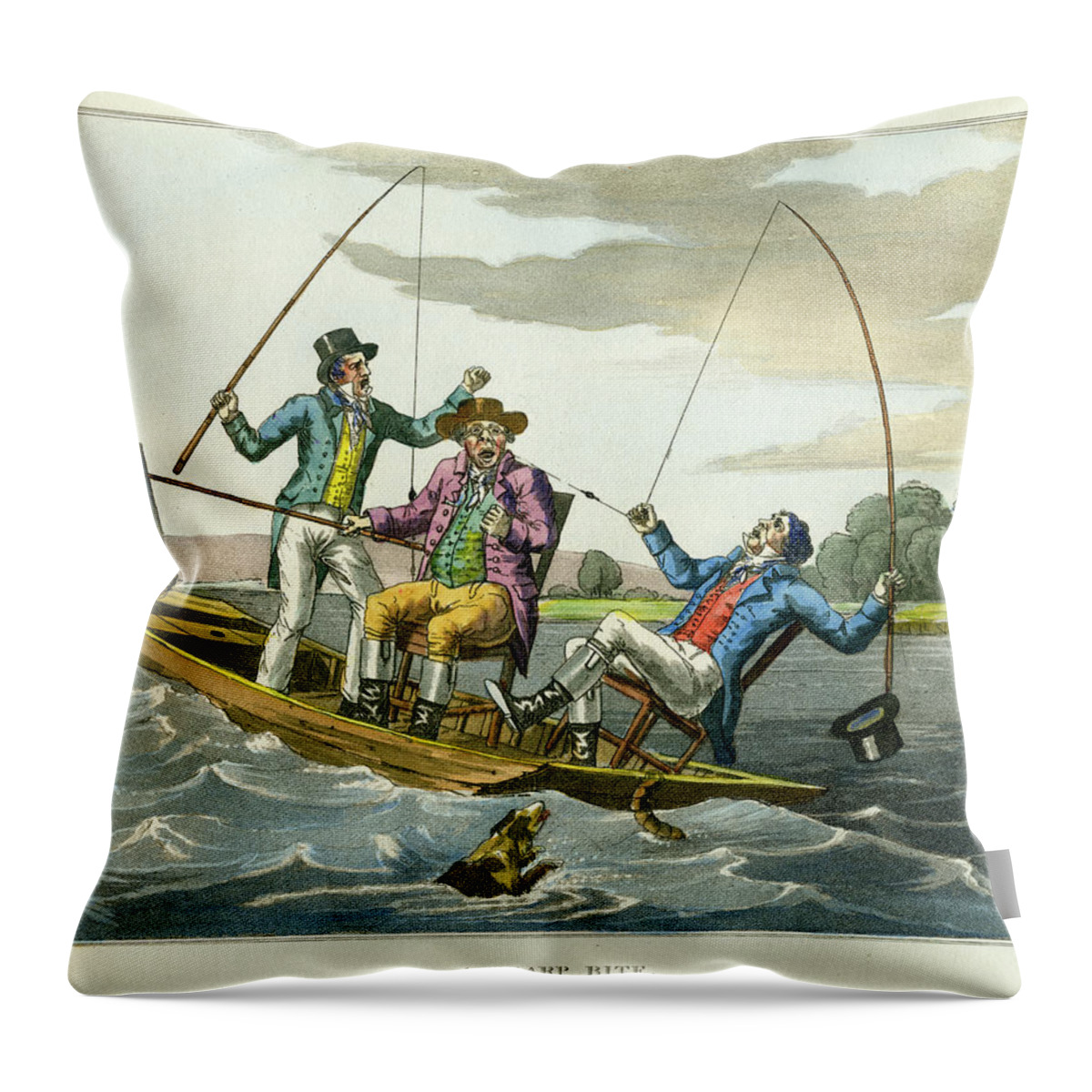 Fishing Throw Pillow featuring the mixed media A Sharp Bite by unsigned attributed to Edward Barnard