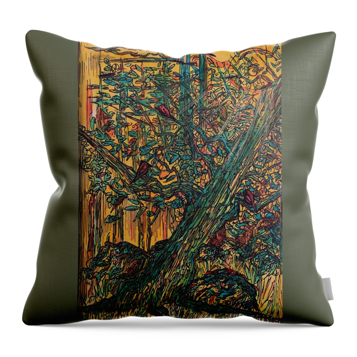 Tree Throw Pillow featuring the mixed media A Warm Place by Angela Weddle