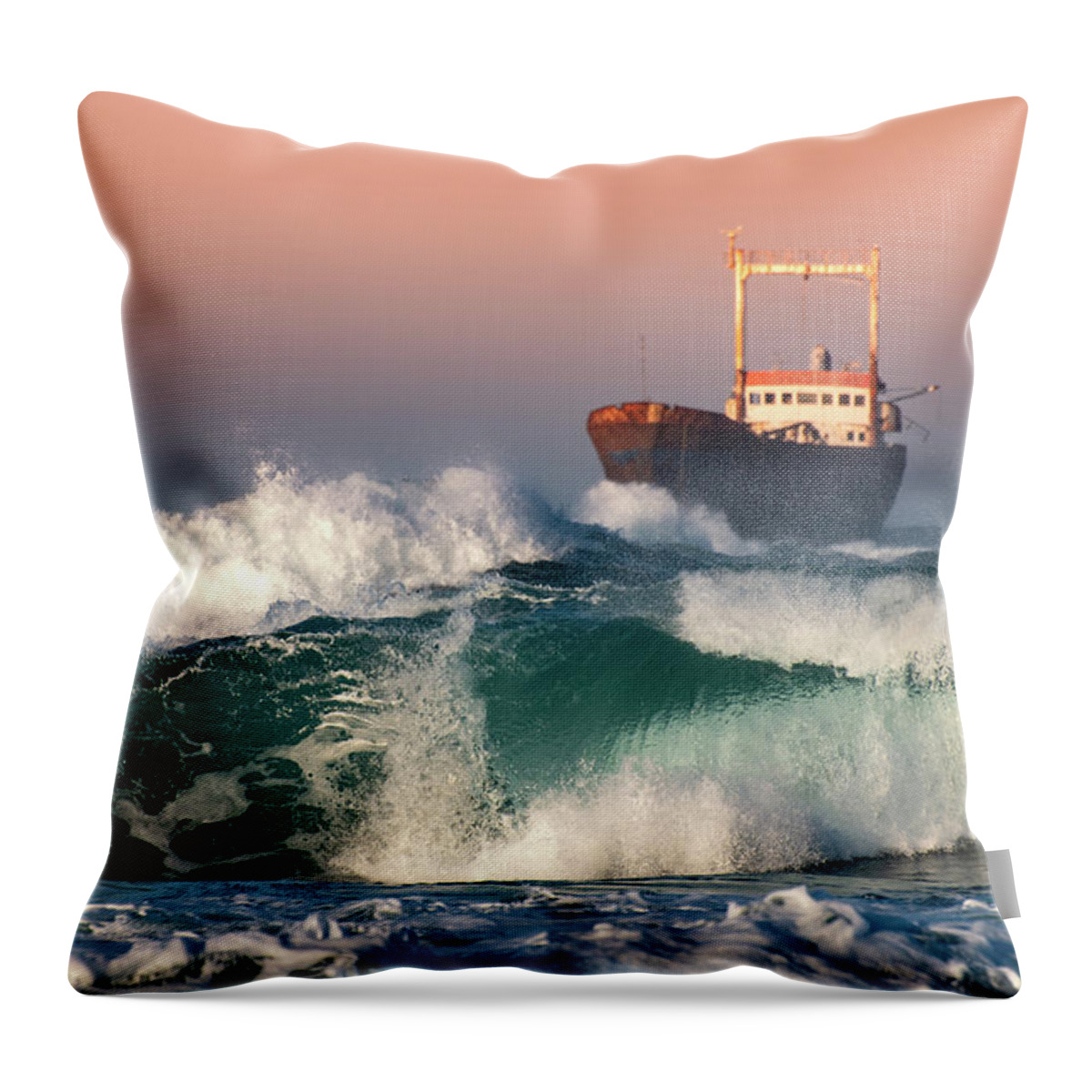 Sea Throw Pillow featuring the photograph Abandoned Ship and the stormy waves by Michalakis Ppalis
