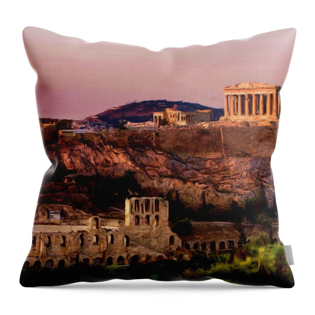 Troy Caperton Throw Pillow featuring the painting Acropolis at Twilight by Troy Caperton