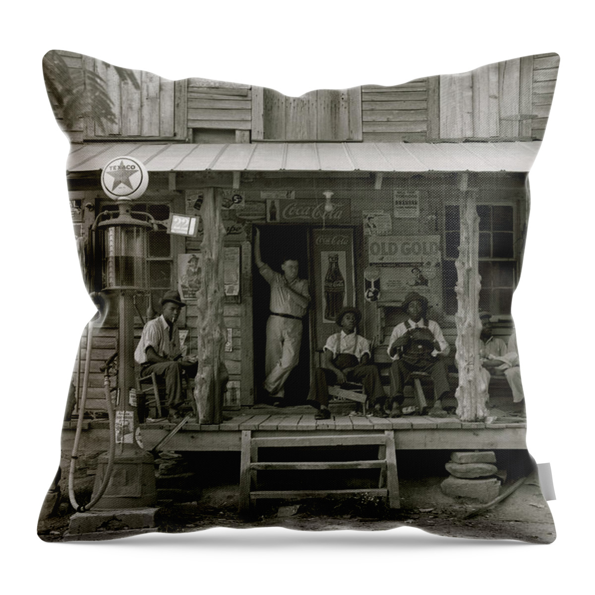 African Throw Pillow featuring the painting African American and a white store owner on the Porch of a country store by 