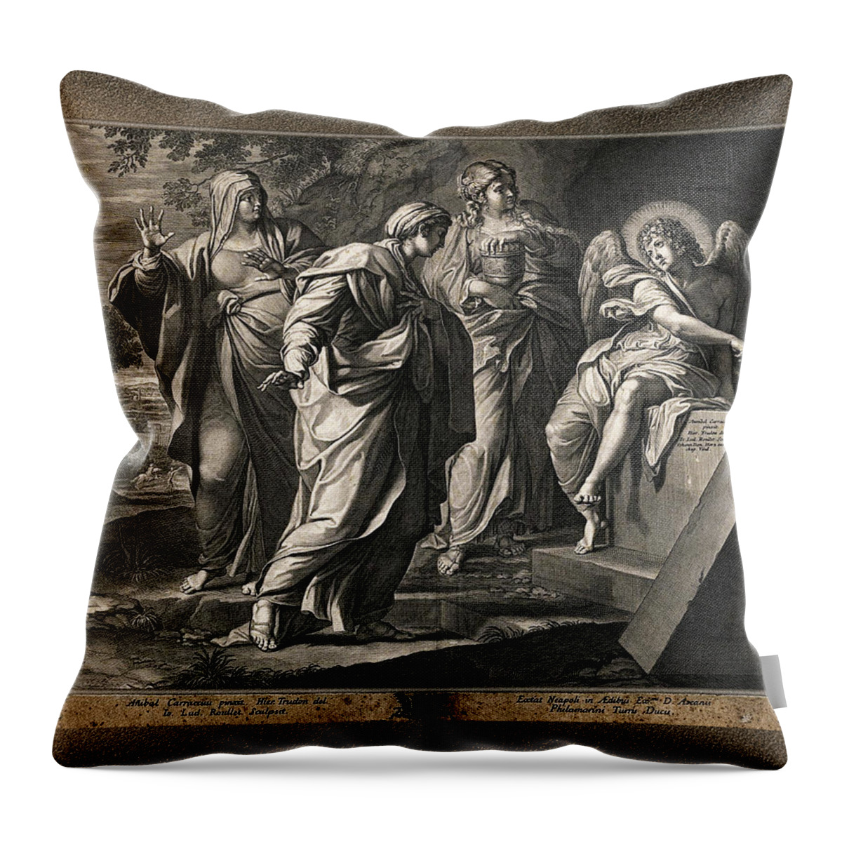 Angel Announcing The Resurrection Throw Pillow featuring the painting Angel announcing the resurrection of Christ to the three Mary's by Rolando Burbon