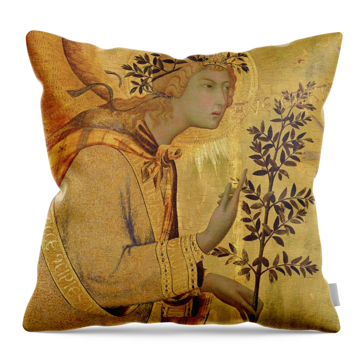 Archangel Gabriel Throw Pillow featuring the painting Annunciation. Detail the Angel of the Annunciation. by Simone Martini -c 1284-1344-