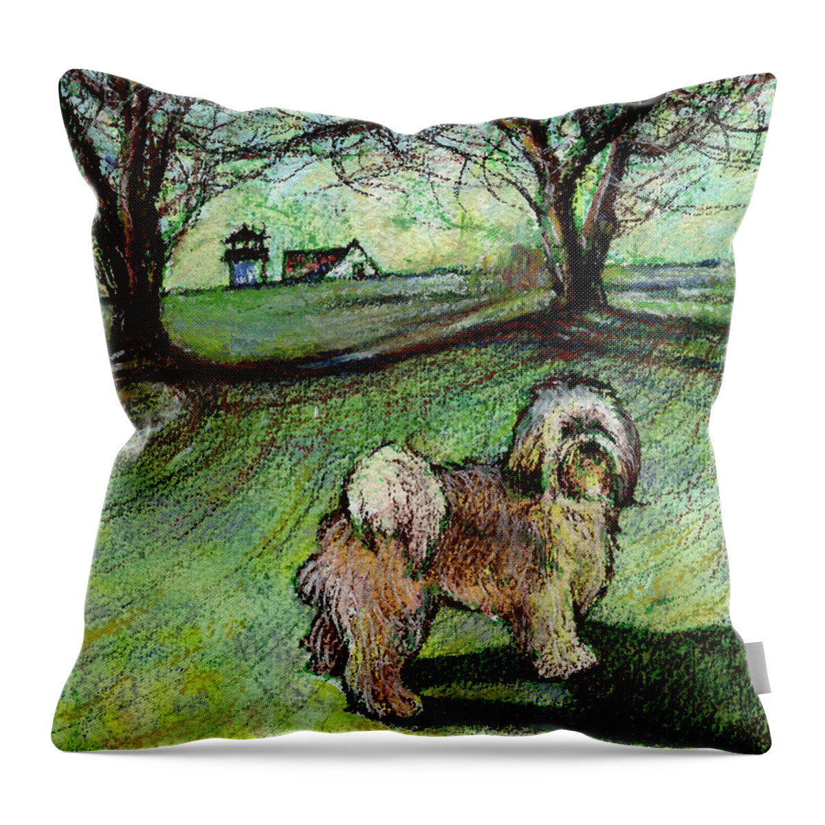 Apple Trees Throw Pillow featuring the mixed media Apple Trees by AnneMarie Welsh