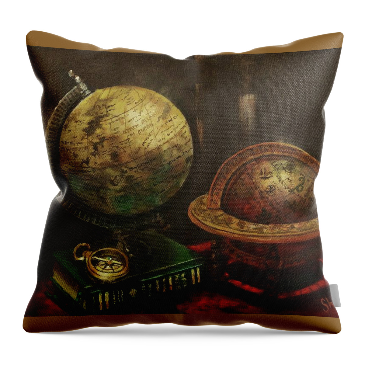 Explorers’ Club Throw Pillow featuring the painting Armchair Traveler by Tom Shropshire