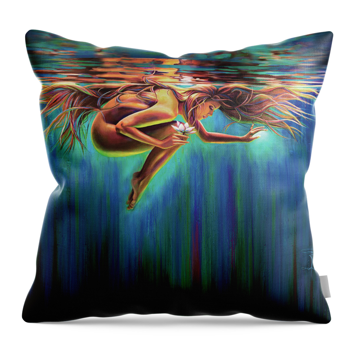 Aquarian Rebirth Woman Underwater Emotional Receptive Sensitive Lotus Sacred Divine Feminine Water Watercolor Floating Age Of Aquarius Fetal Position Goddess Spiritual Consciousness Moss Curled Up Long Hair Flowing Reflection Mermaid Awakening Rebirth Inner Journey Going Within Internal World Holding Breath Peace Love Gentle Beauty Swimming Floating Ethereal Whimsical Peaceful Quiet Enlightenment Throw Pillow featuring the painting Aquarian Rebirth by Robyn Chance