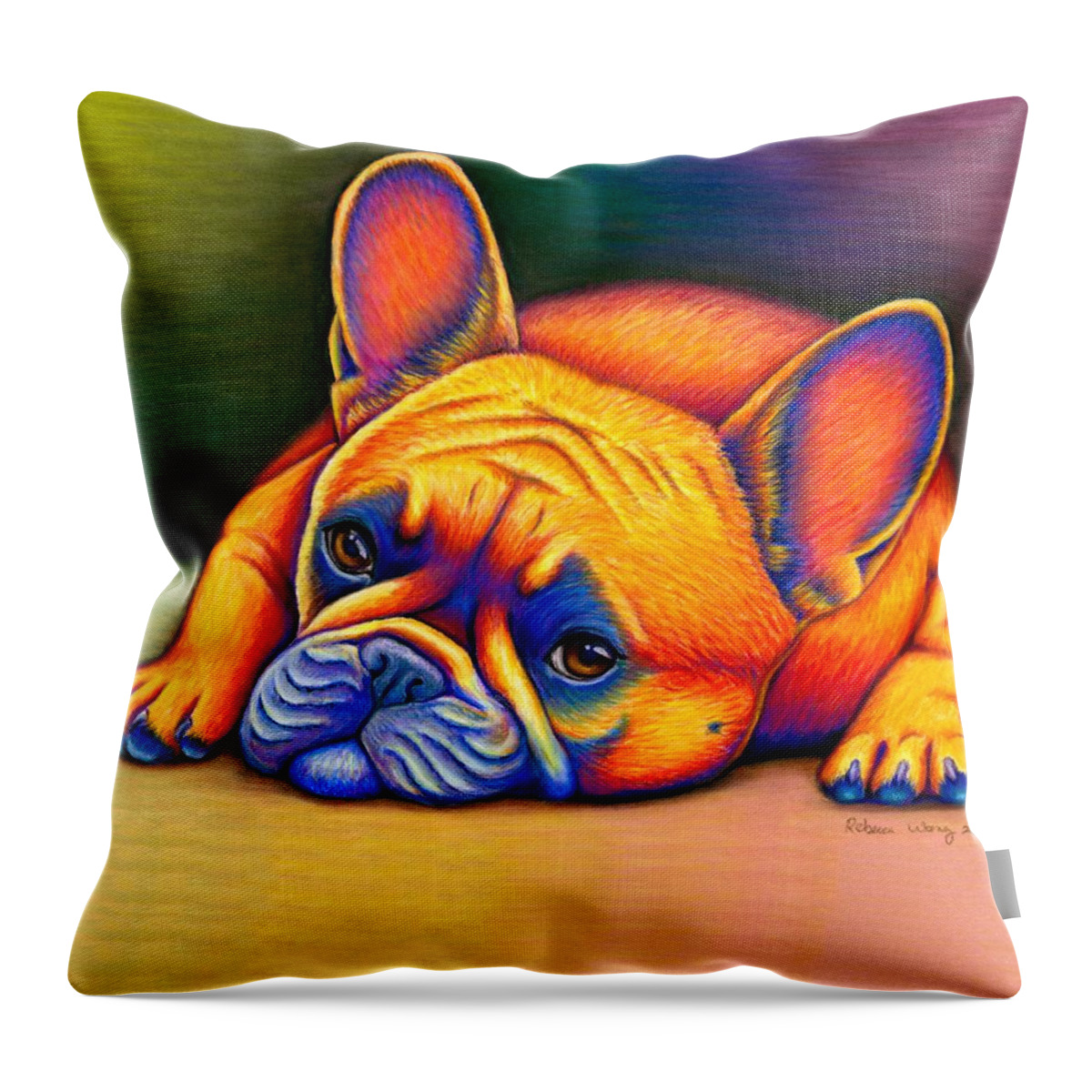 French Bulldog Throw Pillow featuring the drawing Daydreamer - Colorful French Bulldog by Rebecca Wang