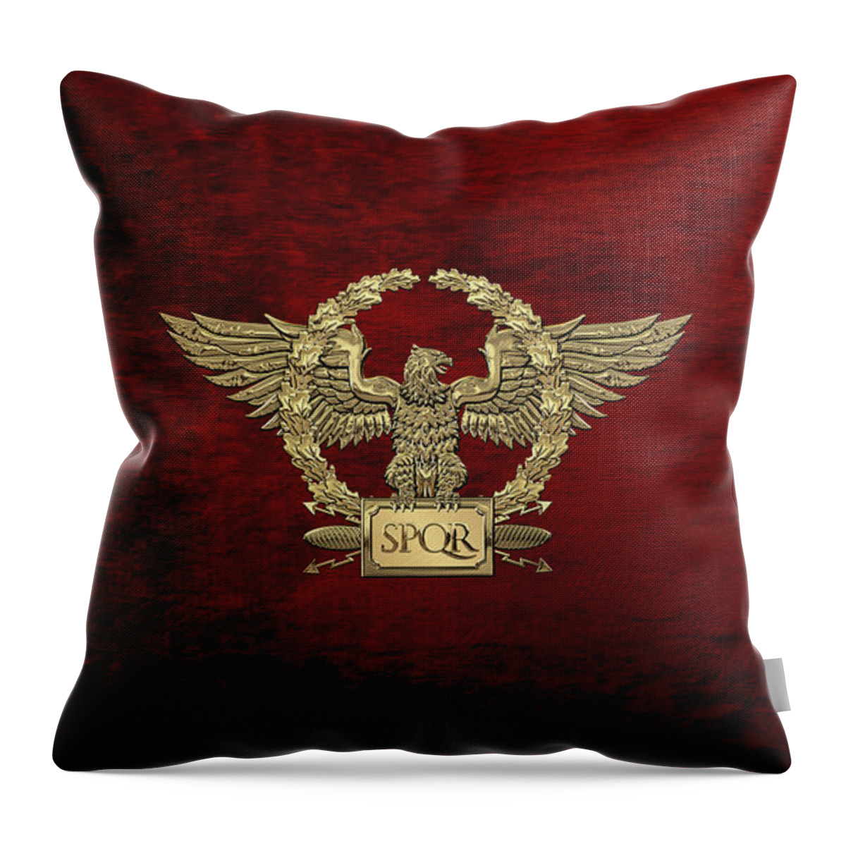 ‘treasures Of Rome’ Collection By Serge Averbukh Throw Pillow featuring the digital art Gold Roman Imperial Eagle - S P Q R Special Edition over Red Velvet by Serge Averbukh
