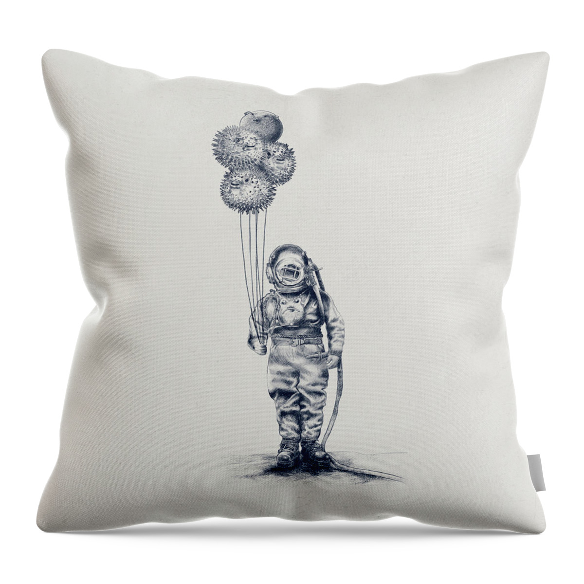 Pen And Ink Throw Pillow featuring the drawing Balloon Fish option by Eric Fan