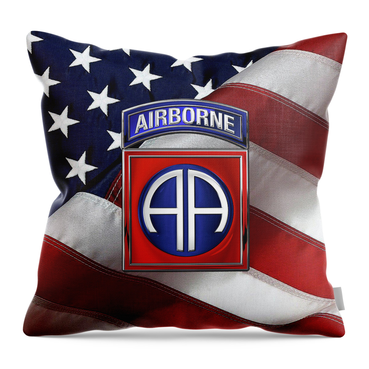 Military Insignia & Heraldry By Serge Averbukh Throw Pillow featuring the digital art 82nd Airborne Division - 82 A B N Insignia over American Flag by Serge Averbukh
