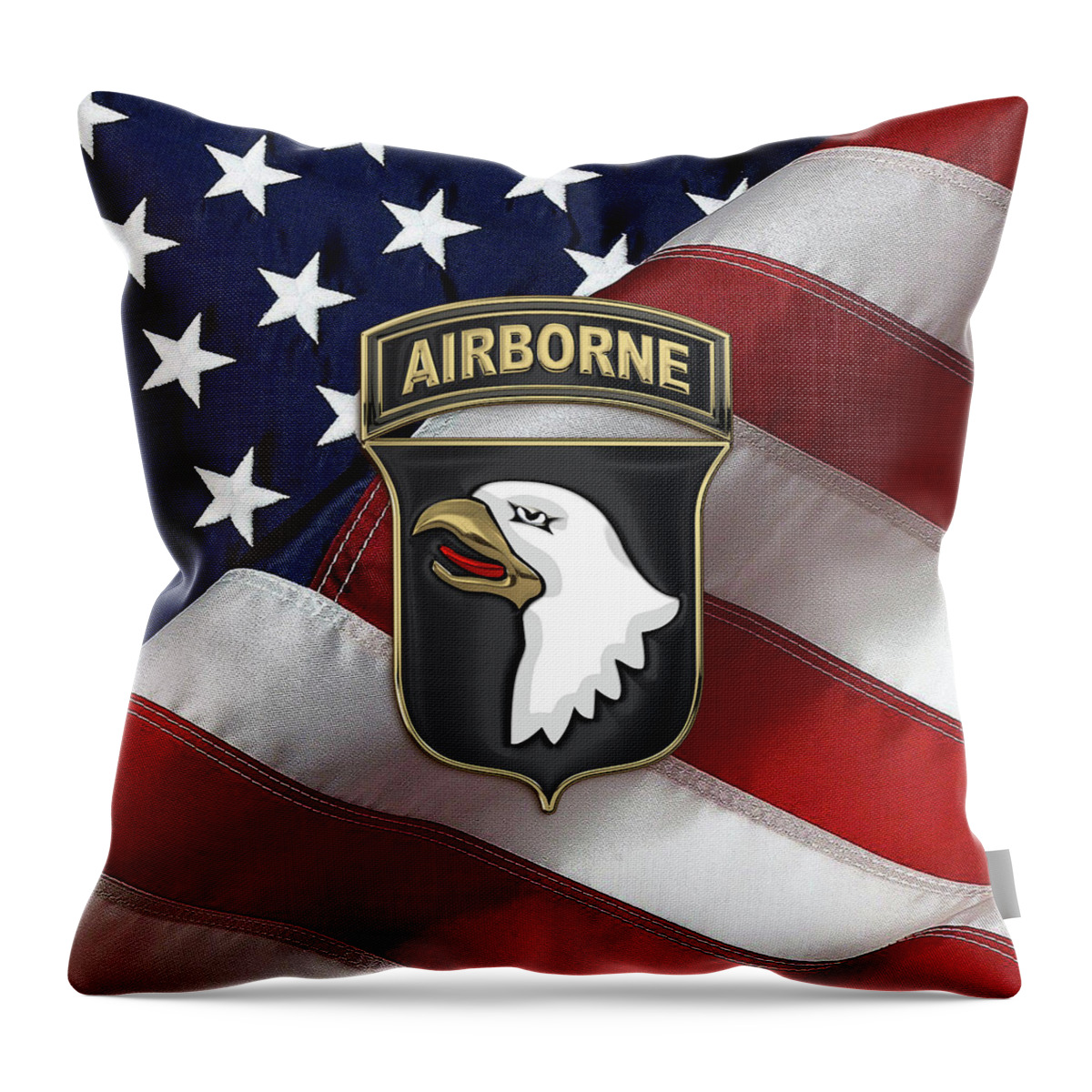 Military Insignia & Heraldry By Serge Averbukh Throw Pillow featuring the digital art 101st Airborne Division - 101st A B N Insignia over American Flag by Serge Averbukh