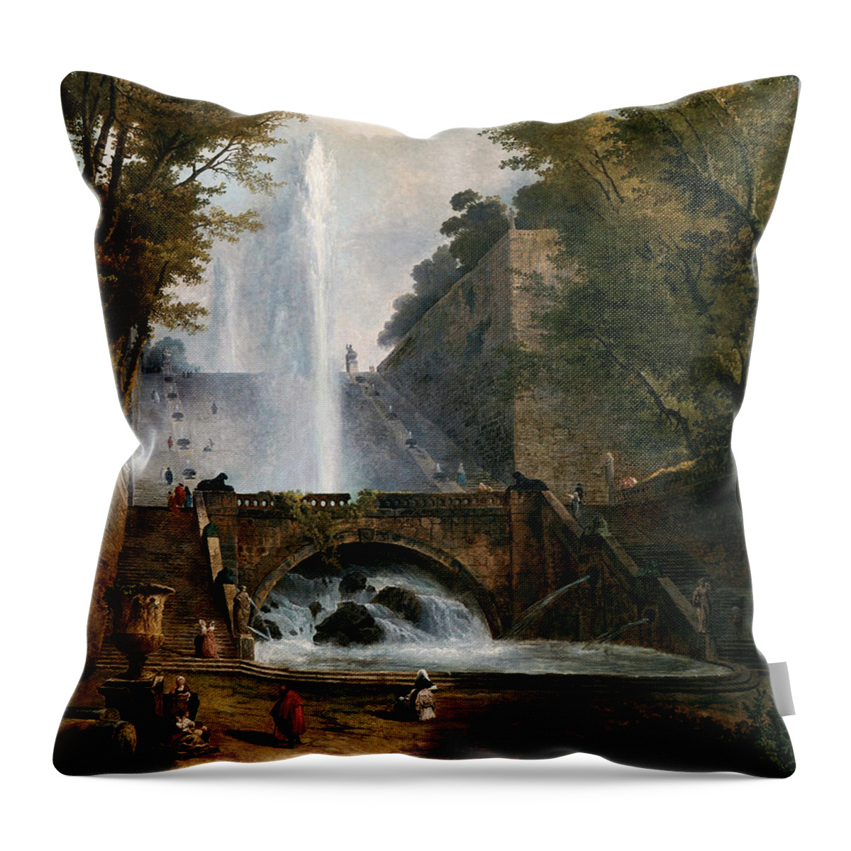 Stair And Fountain Throw Pillow featuring the painting Stair and Fountain in the Park of a Roman Villa by Rolando Burbon