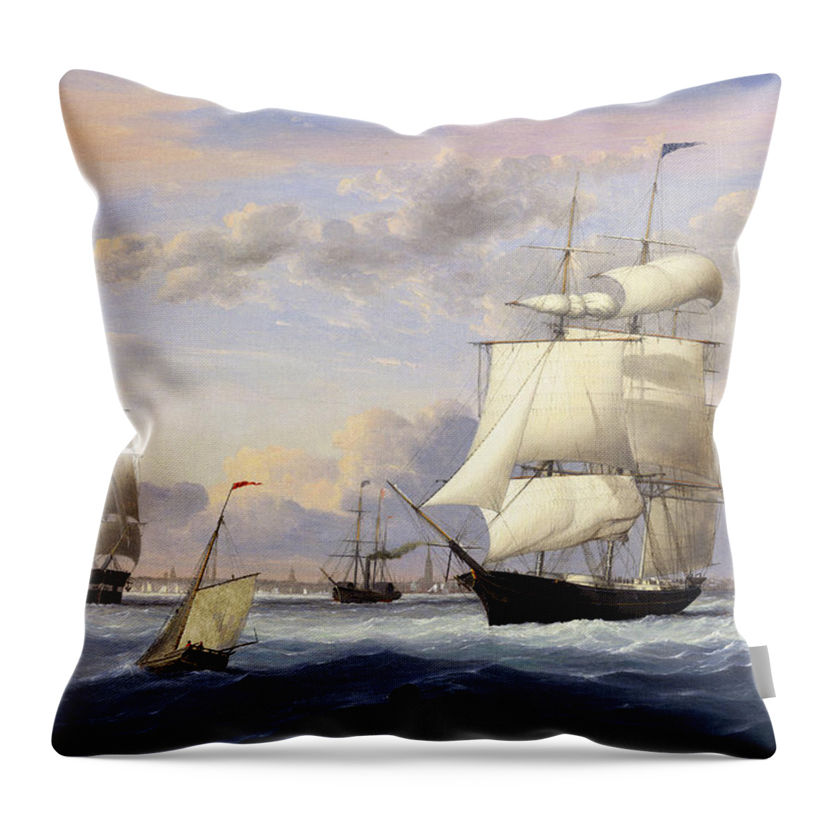 New York Harbor Throw Pillow featuring the painting New York Harbor by Fitz Henry Lane by Rolando Burbon