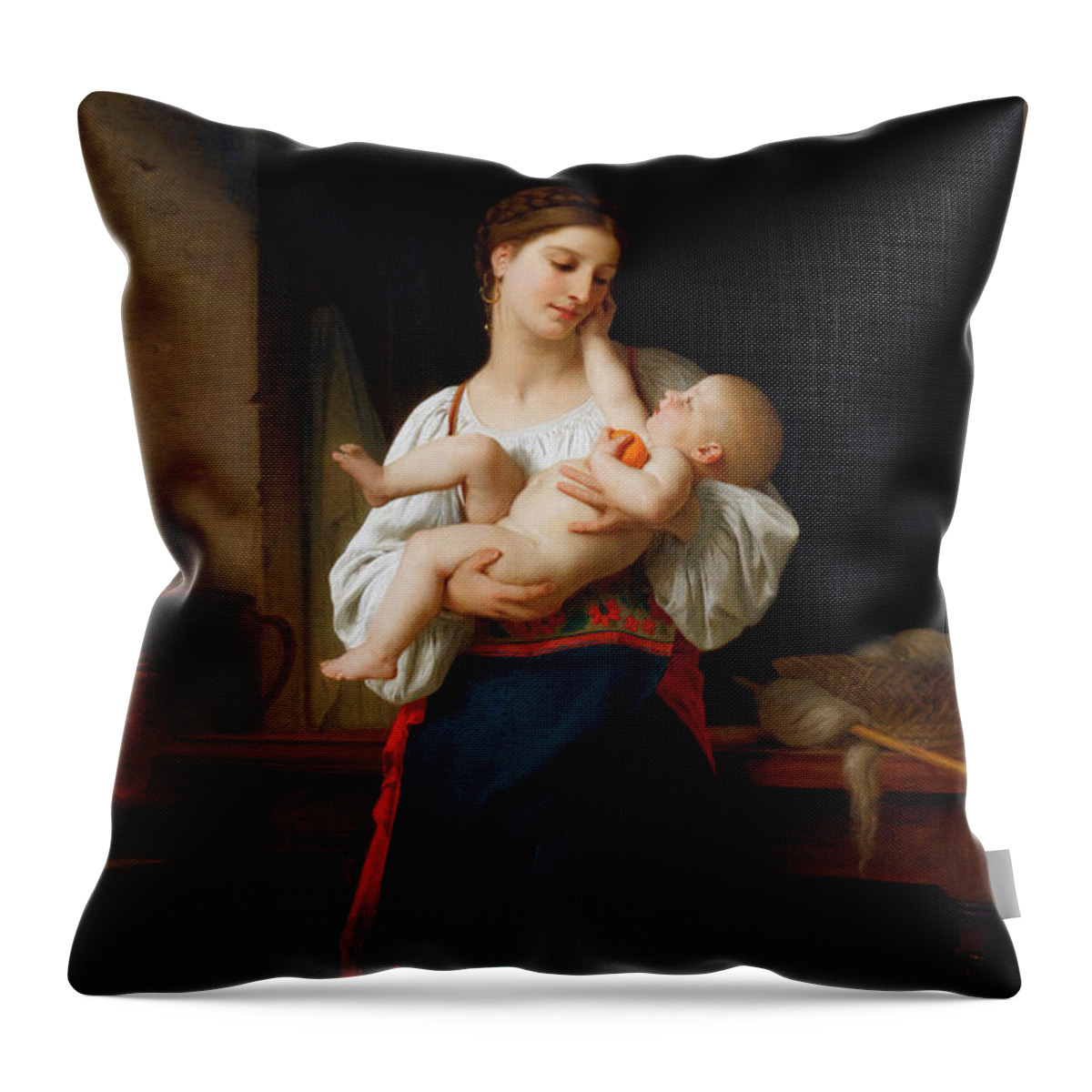 Mother And Child Throw Pillow featuring the painting Mother and Child by William Adolphe Bouguereau by Rolando Burbon