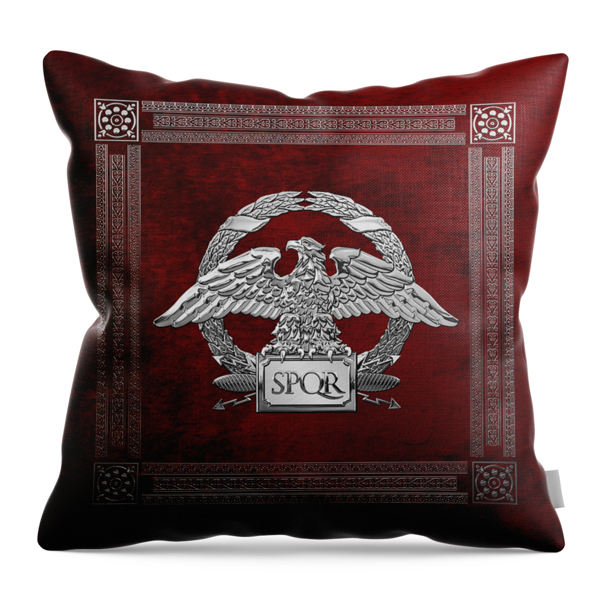 ‘treasures Of Rome’ Collection By Serge Averbukh Throw Pillow featuring the digital art Roman Empire - Silver Roman Imperial Eagle over Red Velvet by Serge Averbukh