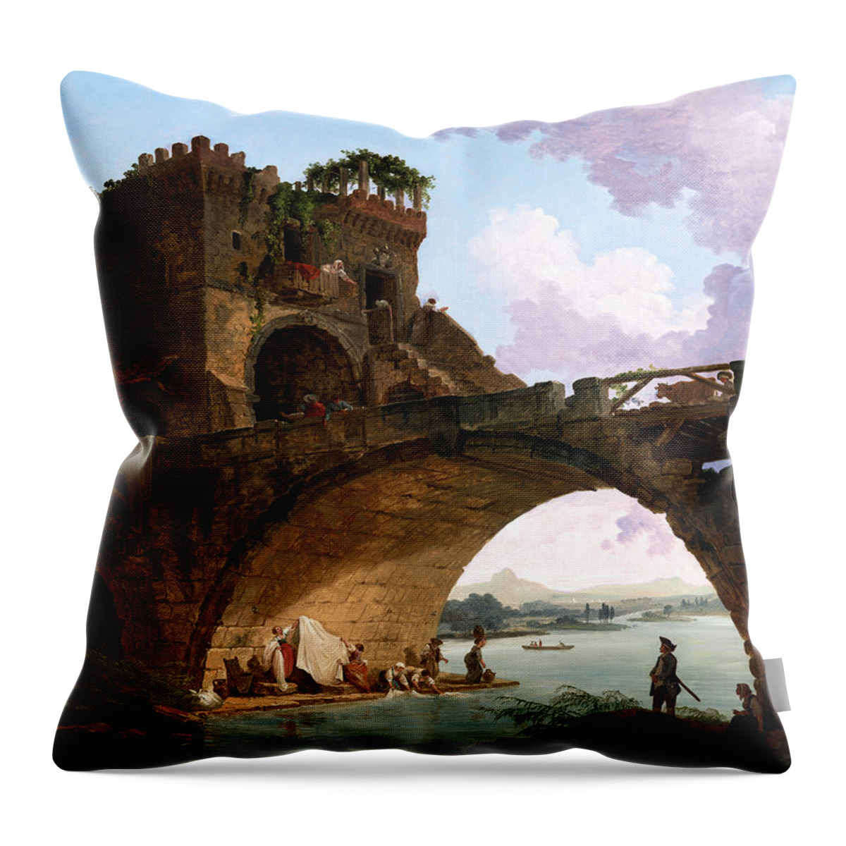 The Ponte Salario Throw Pillow featuring the painting The Ponte Salario by Hubert Robert by Rolando Burbon