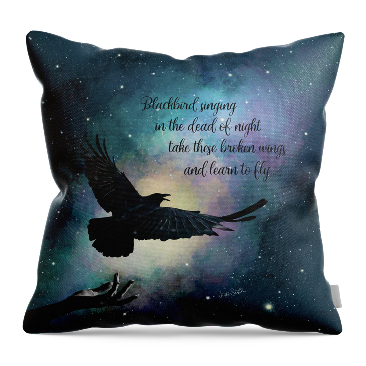 The Beatles Throw Pillow featuring the digital art Blackbird Singing With Lyrics by Nikki Marie Smith