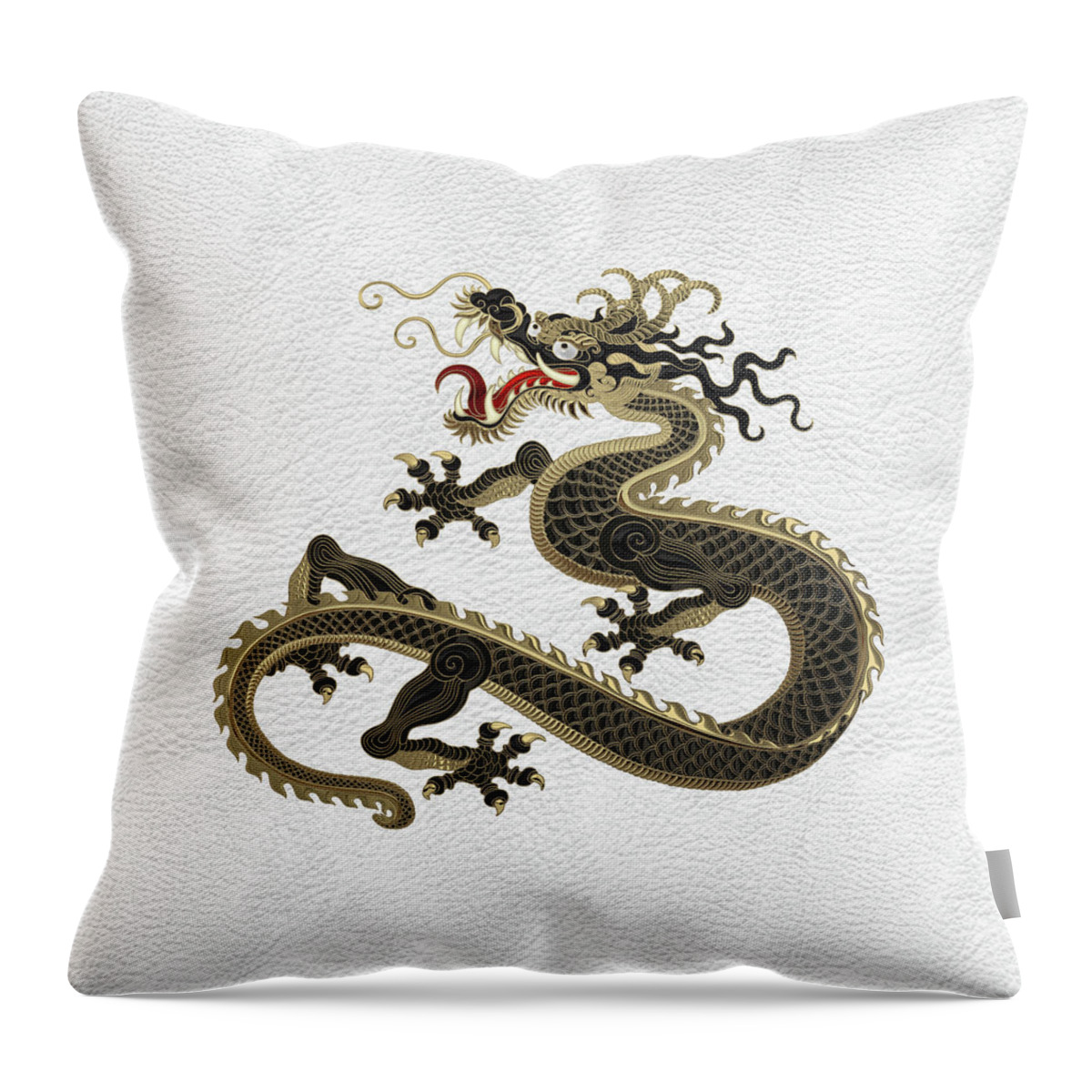 ‘the Great Dragon Spirits’ Collection By Serge Averbukh Throw Pillow featuring the digital art Black and Gold Sacred Eastern Dragon over White Leather by Serge Averbukh