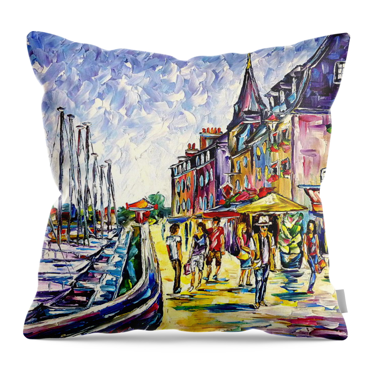 Harbor Painting Throw Pillow featuring the painting At The Harbor Of Honfleur by Mirek Kuzniar