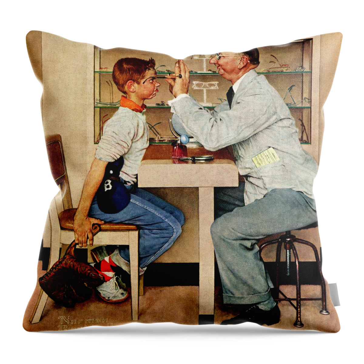 Boys Throw Pillow featuring the drawing At The Optometrist by Norman Rockwell