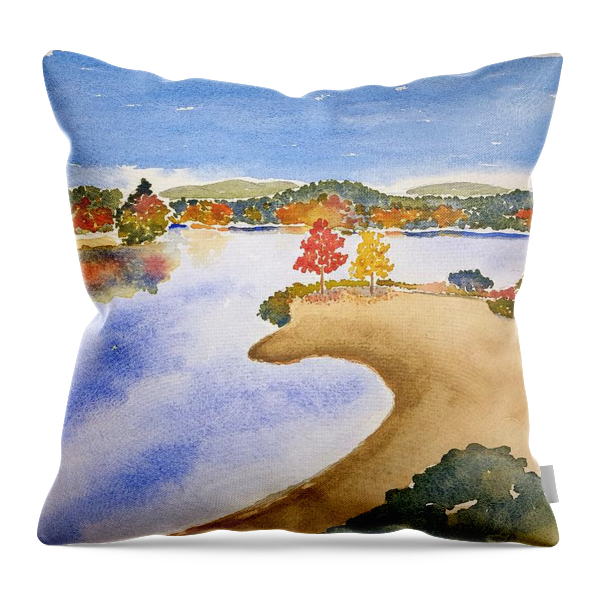 Watercolor Throw Pillow featuring the painting Autumn Shore Lore by John Klobucher