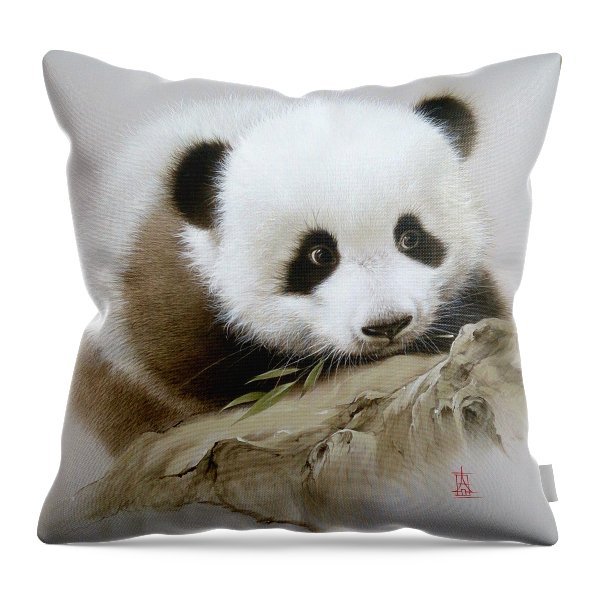 Russian Artists New Wave Throw Pillow featuring the painting Baby Panda with Bamboo Leaves by Alina Oseeva