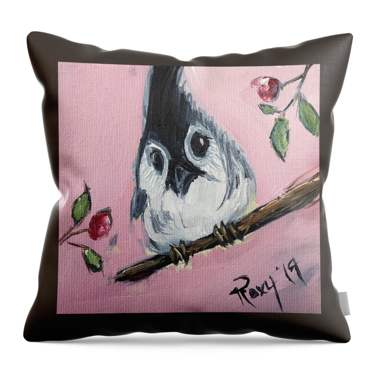 Titmouse Throw Pillow featuring the painting Baby Tufted Tit Mouse by Roxy Rich