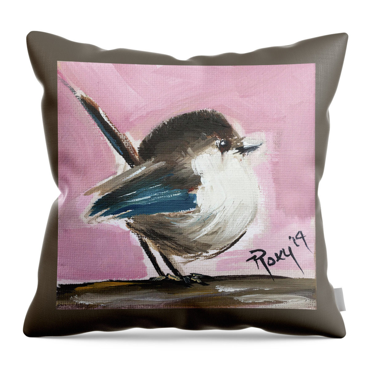 Wren Throw Pillow featuring the painting Baby Wren by Roxy Rich