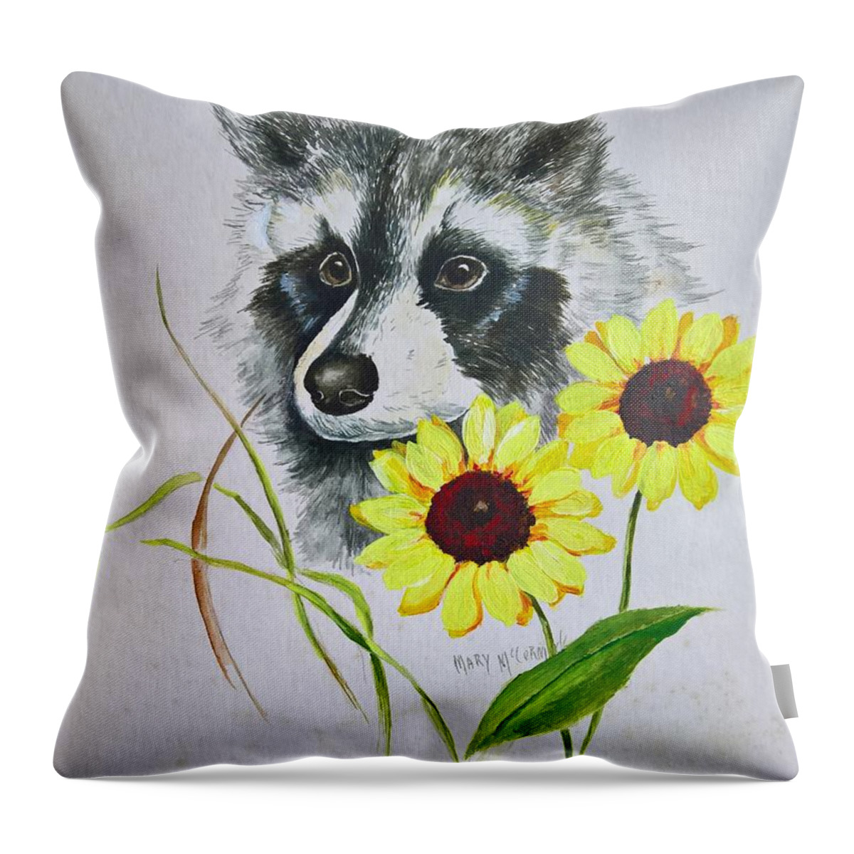 Raccoons Throw Pillow featuring the painting Bandit and the Sunflowers by ML McCormick