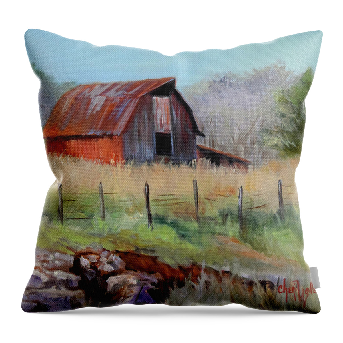 Barn Throw Pillow featuring the painting Barn At Bella Vista Arkansas by Cheri Wollenberg