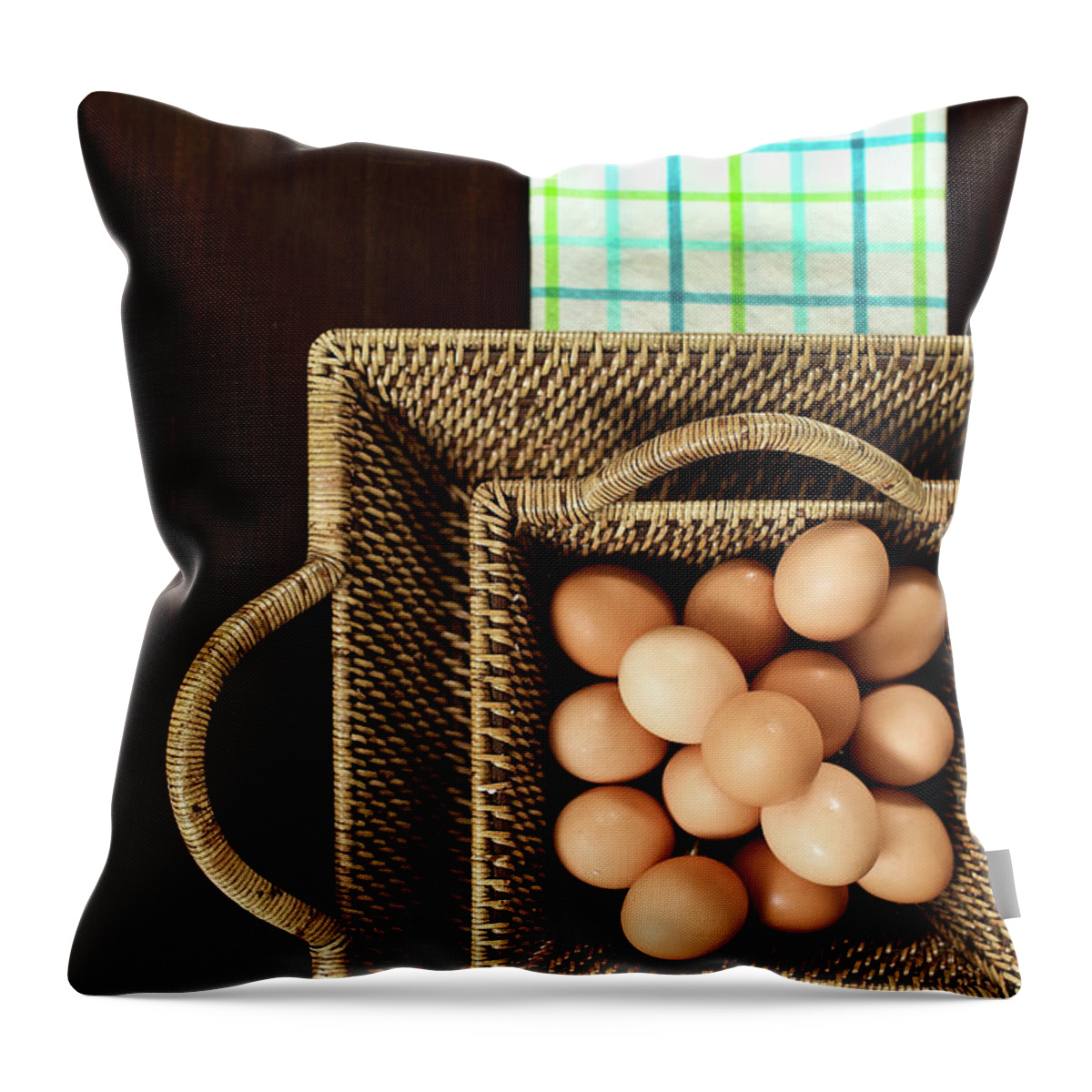 Large Group Of Objects Throw Pillow featuring the photograph Basket Of Brown Eggs by Joey Celis