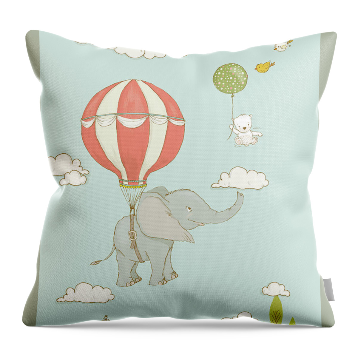 Elephant Throw Pillow featuring the painting Floating Elephant and bear whimsical animals by Matthias Hauser