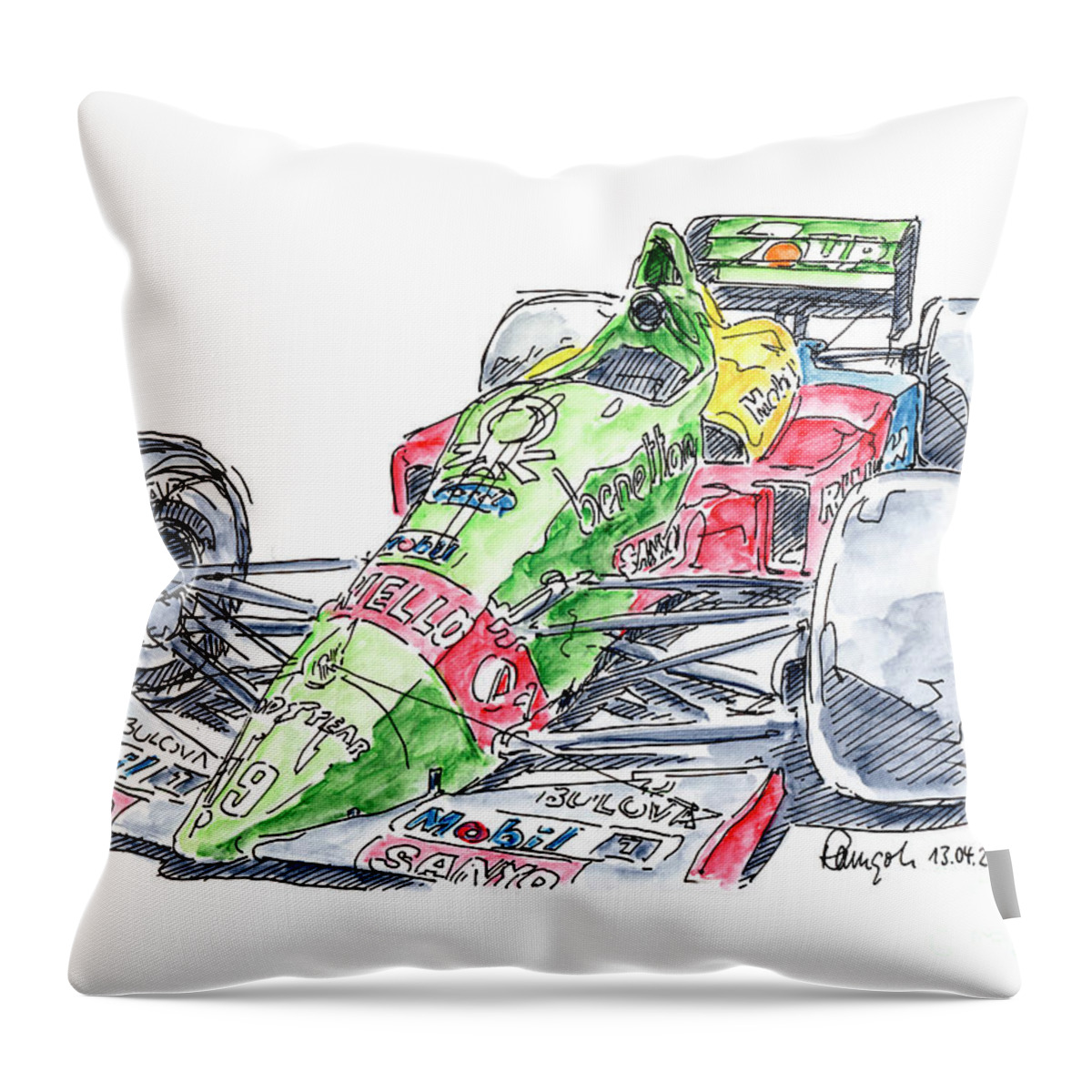 Benetton Ford Throw Pillow featuring the drawing Benetton Ford B189 F1 Racecar Ink Drawing and Watercolor by Frank Ramspott