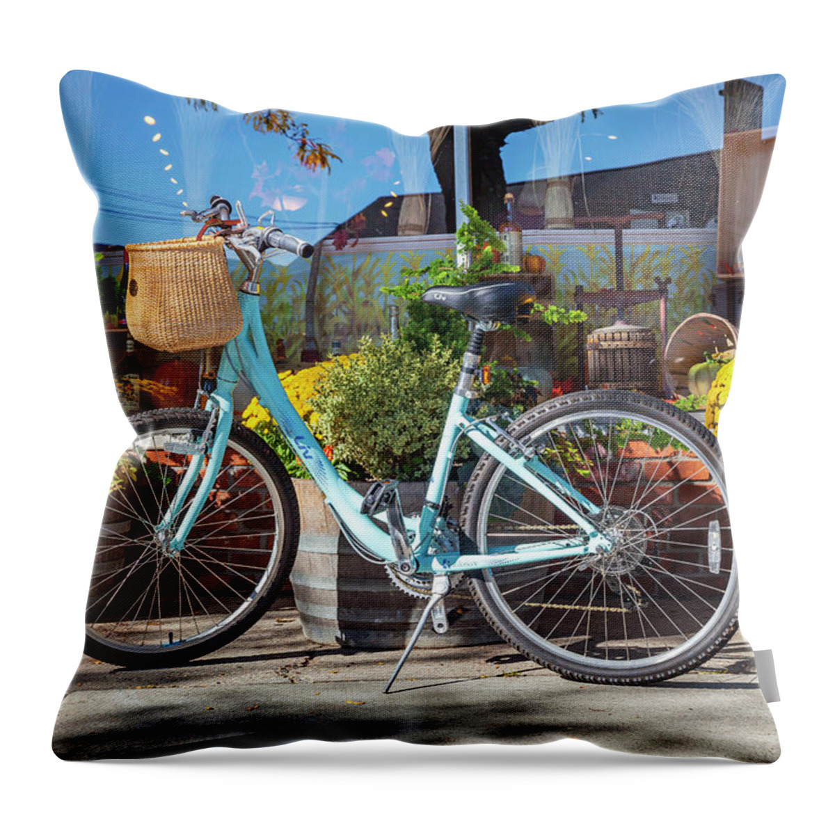 Estock Throw Pillow featuring the digital art Bike, Greenport, Long Island, Ny by Lumiere