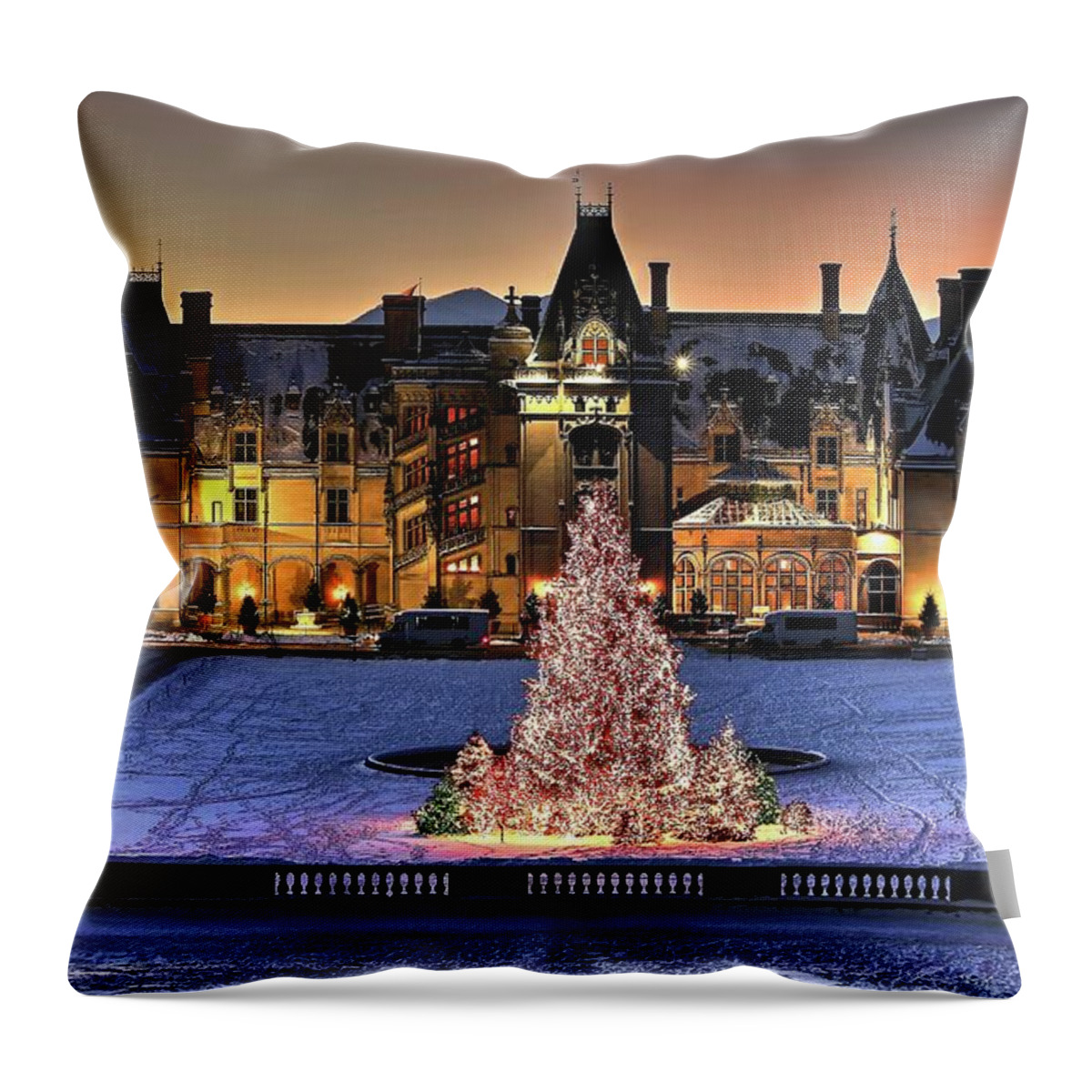 Holidays At Biltmore House Throw Pillow featuring the photograph Biltmore Christmas Night All Covered In Snow by Carol Montoya