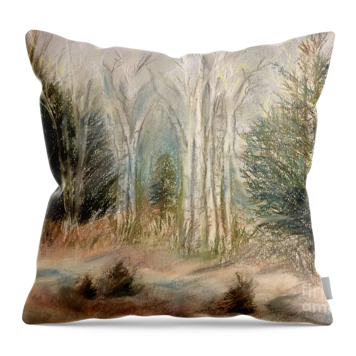 Birch Throw Pillow featuring the painting Foggy Birch by Deb Stroh-Larson