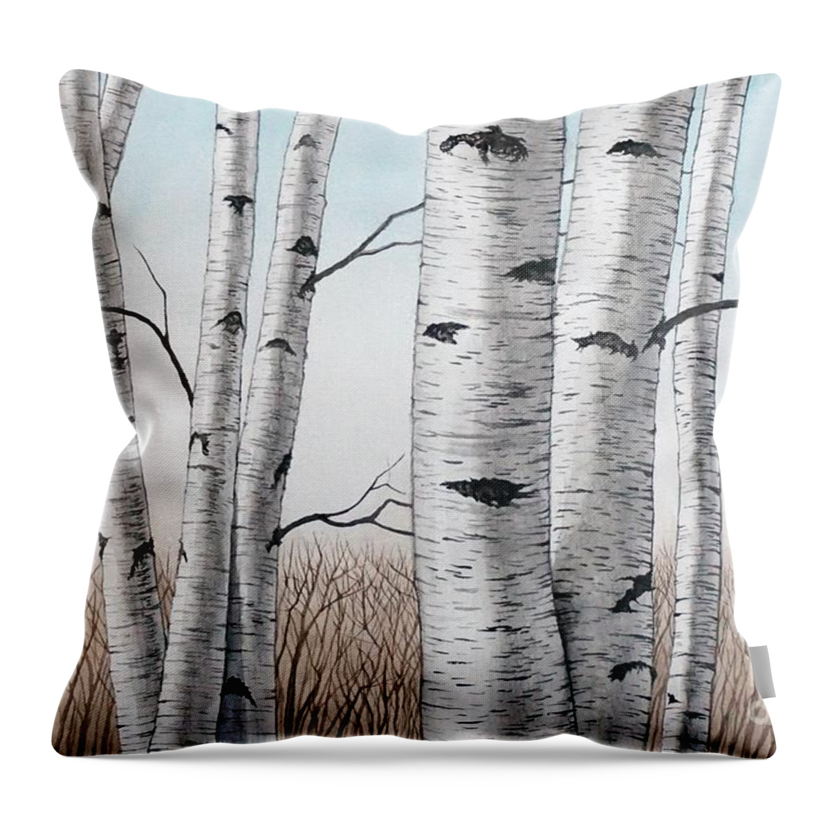 Birch Throw Pillow featuring the painting Birch Trees in Early Winter in Watercolor by Christopher Shellhammer