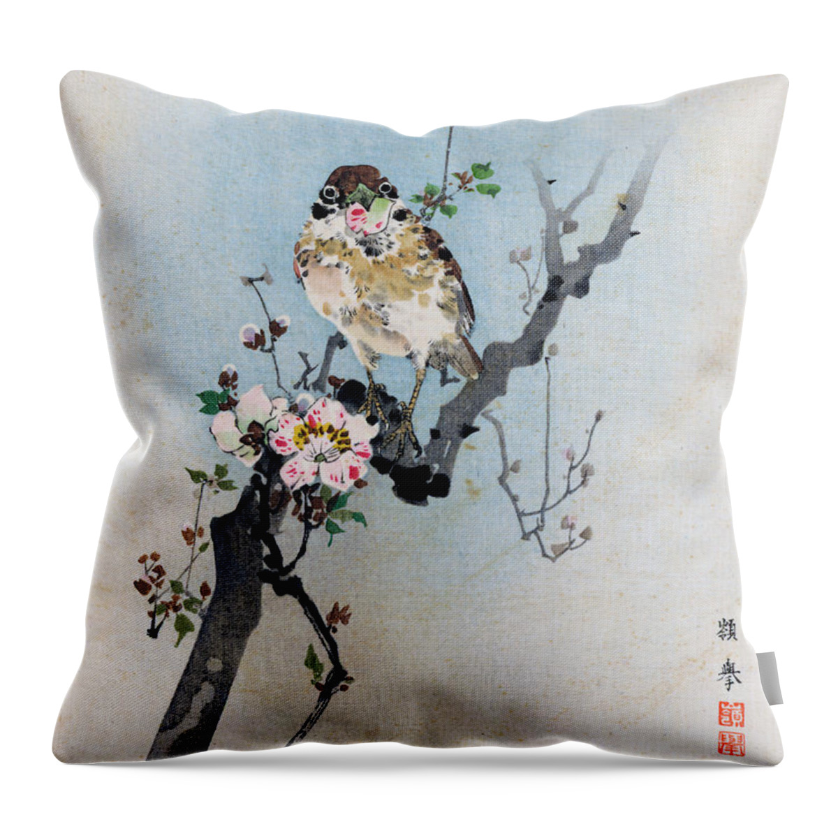Rioko Throw Pillow featuring the painting Bird and Petal by Rioko