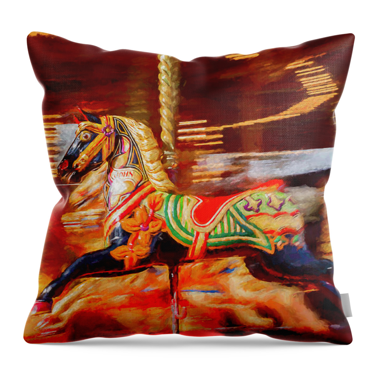 Amusement Throw Pillow featuring the digital art Black Carousel Horse Painting by Rick Deacon